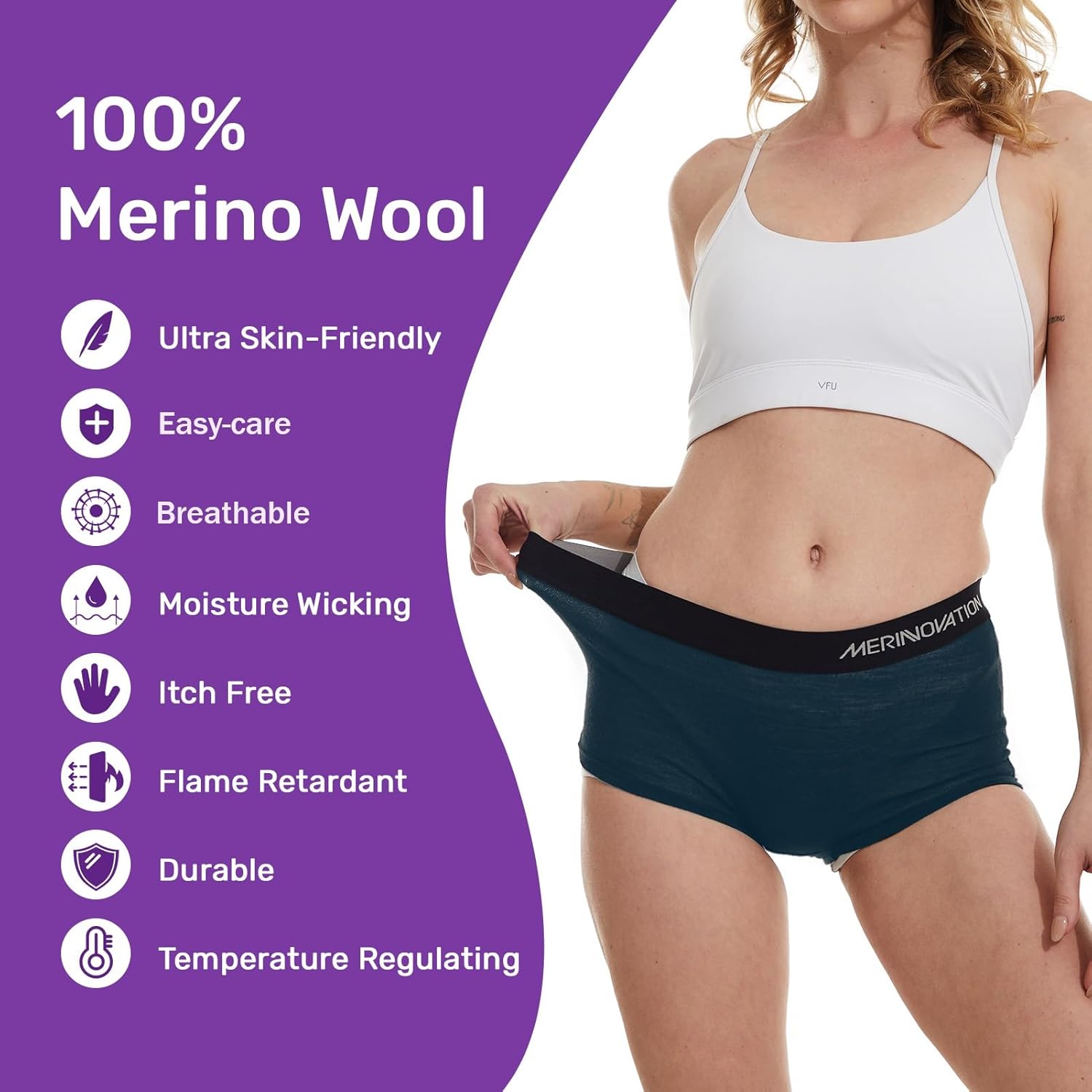 MERINNOVATION 100% Merino Wool Boxer Briefs for Women - 2 Packs Everyday Breathable Anti-Odor Womens Boyshorts Underwear - Image 3