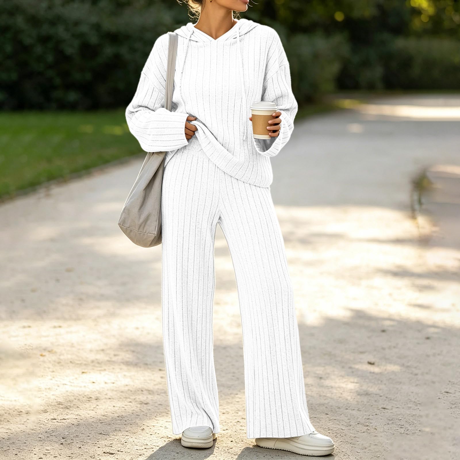 Ensemble Femme Tricot Côtelé Pull À Capuche Pantalon Droit 2 Pièces Ensemble Jogging Femme Hiver Automne Grandes Tailles Vêtement De Nuit Doux Tenue Interieur Chic Et Elegant