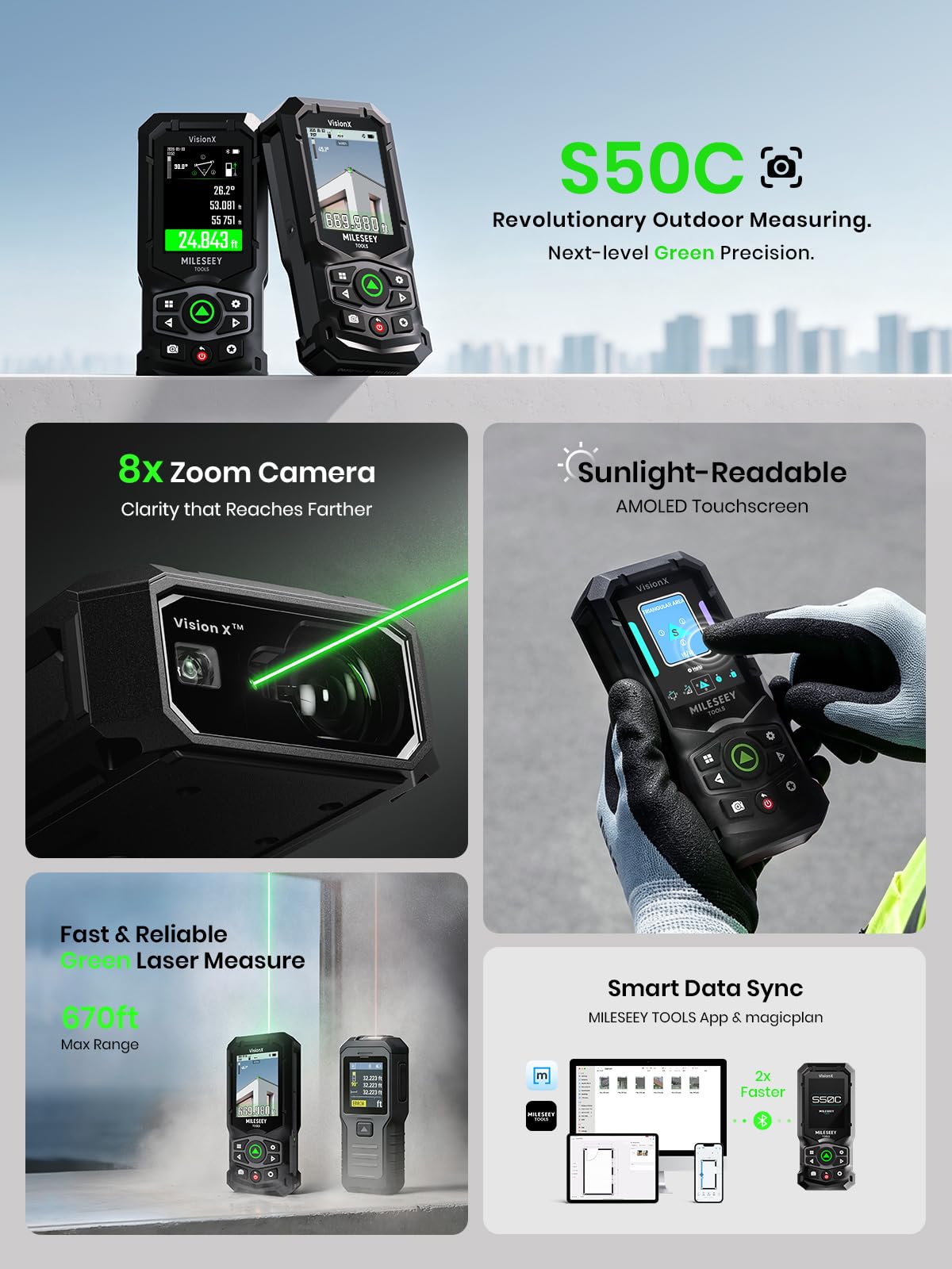 MILESEEY S50C Green Laser Measure with Camera, 8× Digital Zoom, 670ft — Amazon image 2