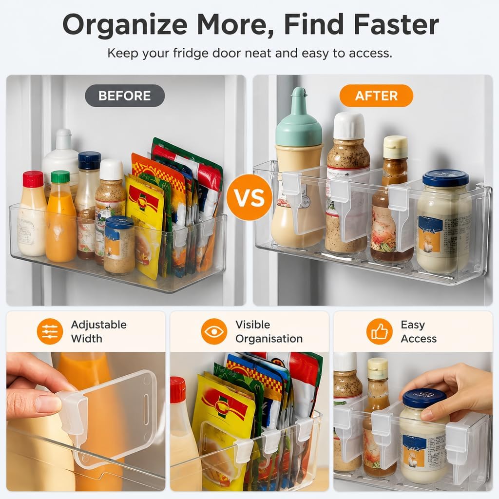 Clear Fridge Door Organizer Clips, 8pcs Adjustable Refrigerator Side Door Divider Set, Thickened Transparent Shelf Separators for Condiments, Bottles, Jars, Space Saving Kitchen Storage