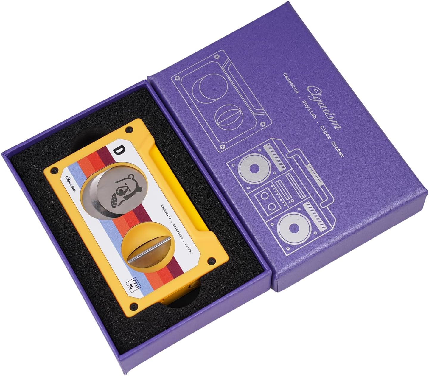 Cassette Style Cigar Cutter, Straight Cut V Cut Cigar Punch 3 in 1, Cuts Up to 60 Ring Gauge Ultralight Portable (Yellow)
