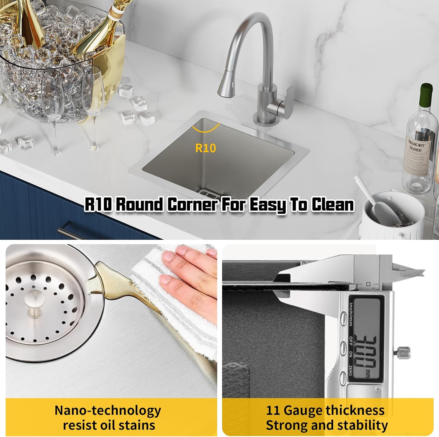13x13In Stainless Steel Kitchen And Bar Sink - Small Undermount Single Bowl Drop In Staylish Kitchen&Bar Sink Ideal Choice For Small Space, Prep Area, RV With Bottom Grid,Soap Mat And Drain Assembly