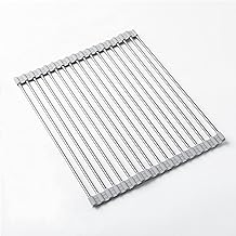 Over The Sink Sink Drying Rack, Roll up Dish Drying Rack, 304 Stainless Steel & Silicone Portable Kitchen Dish Rack, Foldable Multi-Use Heat-Resistant Dish Drainer (13''x17.8'', Grey)