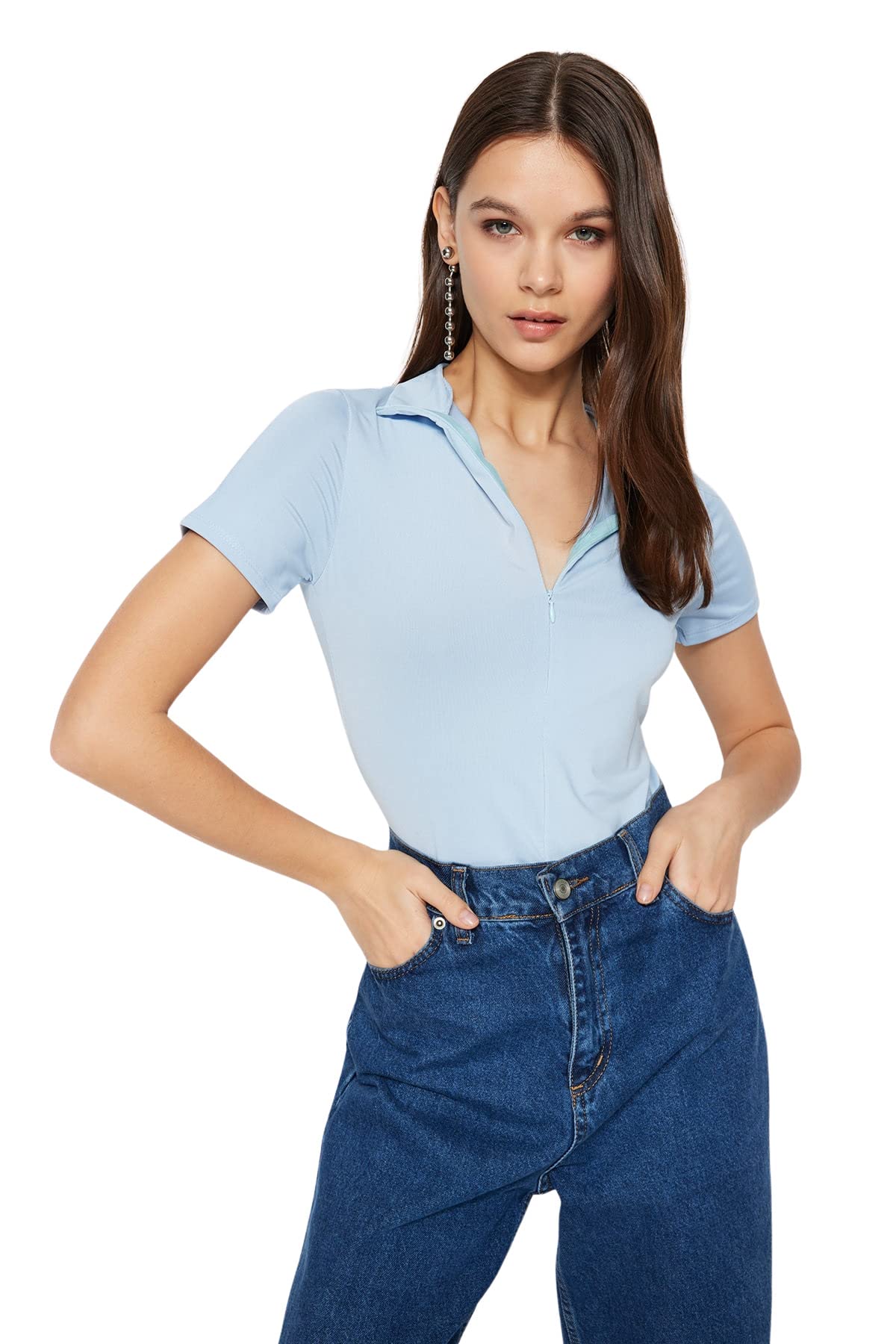 Trendyol FeMan Plain Zipper detailed Thin Knit Bodysuit