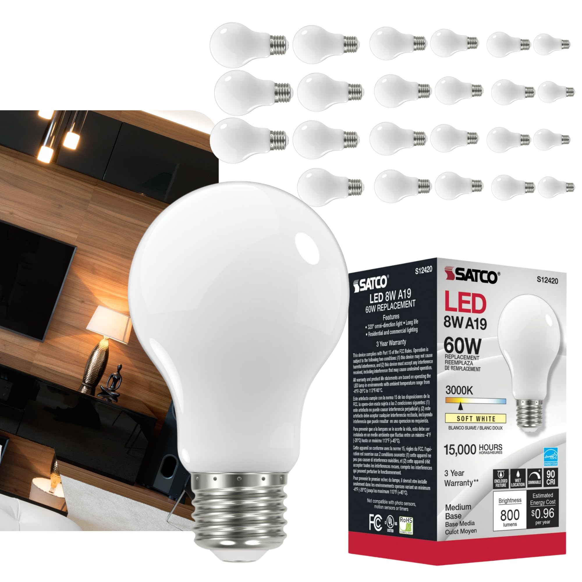 Satco S12420-8.2 Watt A19 LED Bulb, Soft White, 90 CRI, 3000K, 120