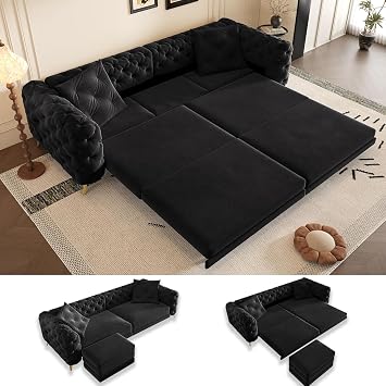 98" King Size Sleeper Sofa Bed, 3-in-1 Convertible Pull Out Chesterfield Sleeper Couch with Ottoman, Oversized Velvet Button Tufted L Shaped Sofa for Living Room Bedroom, Black