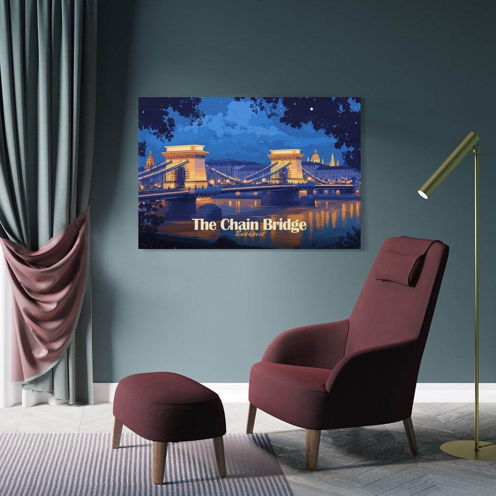 Junmoney Frame-Style-4 Canvas Wall Decor The Chain Bridge Budapest Illustration, 08X12inch(20X30cm), For Home Lounge, Bedroom Or Reading Nook, Eye Catching Artwork For Blank Walls