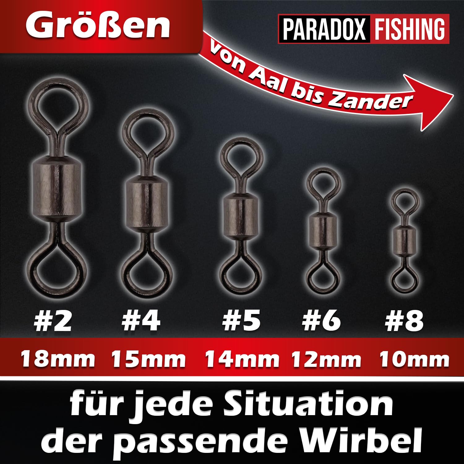 Paradox Fishing Zestaw krętlików baryłkowych 150 sztuk, po 30 szt. #8/#6/#5/#4/#2, krętlik, wędkarstwo, krętlik, zestaw akcesoriów wędkarskich