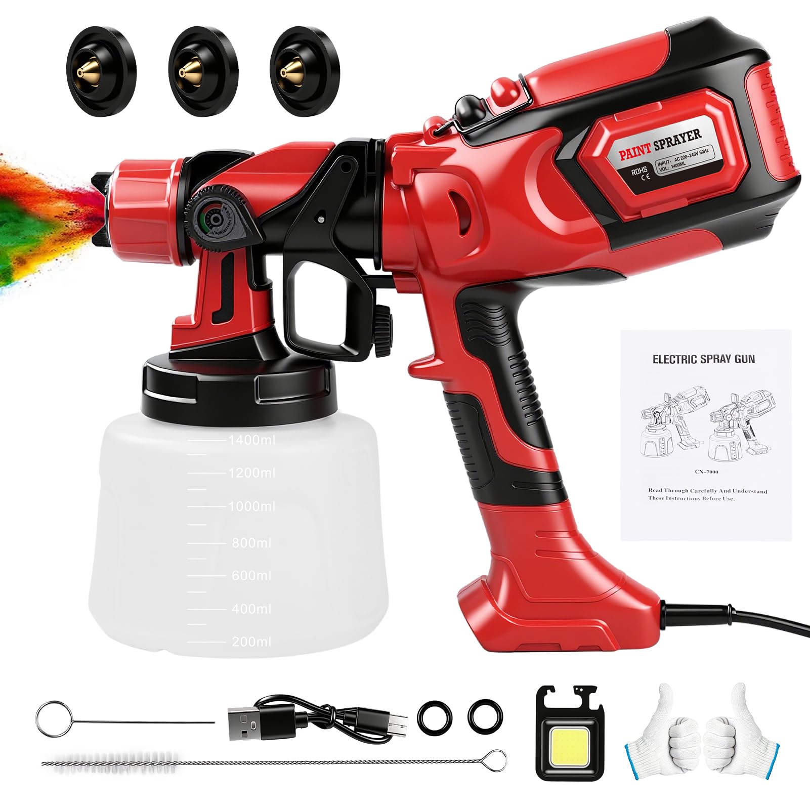 Sistema a spruzzo elettrico per vernice, 650 W, 1400 ml, pistola a spruzzo elettrica con 3 ugelli (1/1,8/2,5 mm), 3 modelli di spruzzo per pittura da parete, mobili, recinzioni