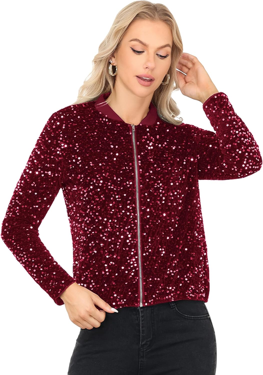Anna-Kaci Women's Full Sequin Bomber Jacket Zip Up Long Sleeve Sparkly Glitter Lightweight Outerwear Coat - Image 4