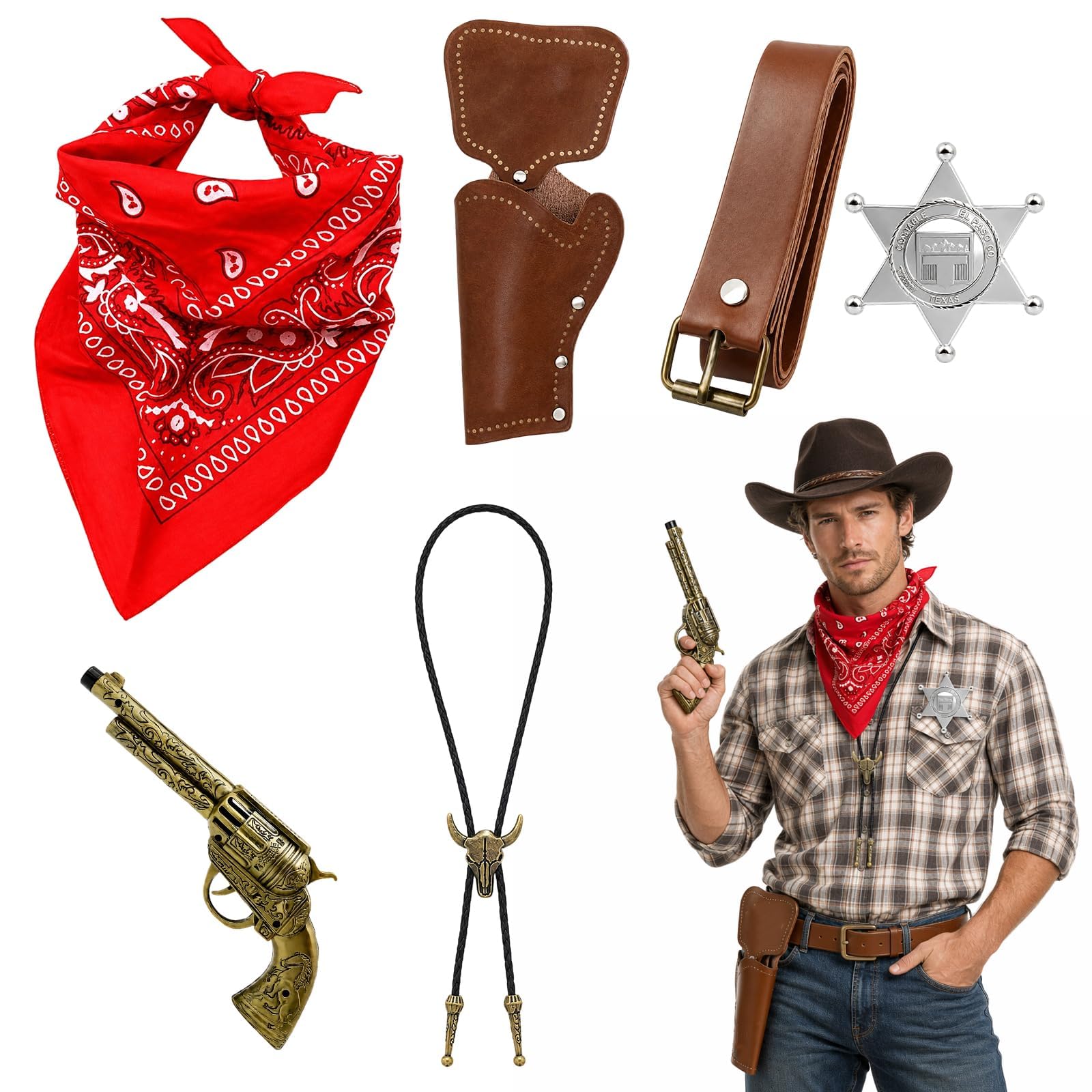 EujRcf 6 Pcs Cowboy Outfit, Cowboy Outfit Mens, Western Costume Set