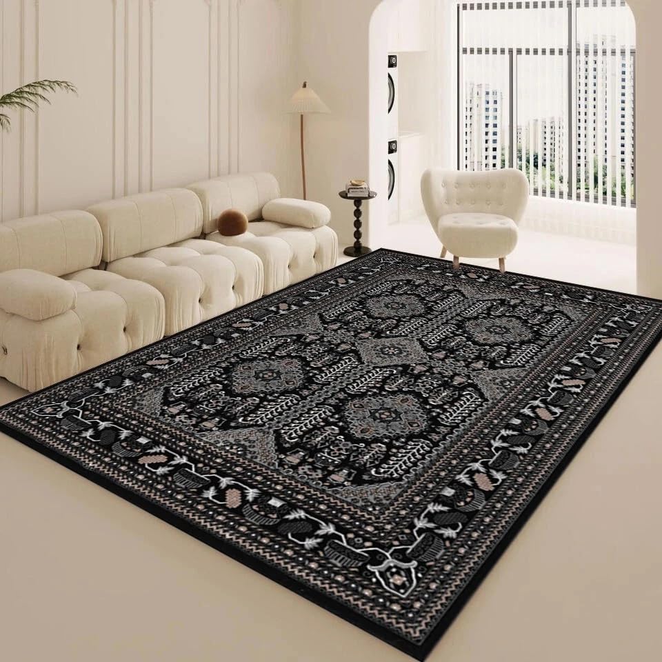 Traditional Persian Style Area Rug Floral Medallion Design Living Room Floor Carpet Soft Pile Hallway Runner Floor Mats Door Mats (Black, 160 x 230 cm)