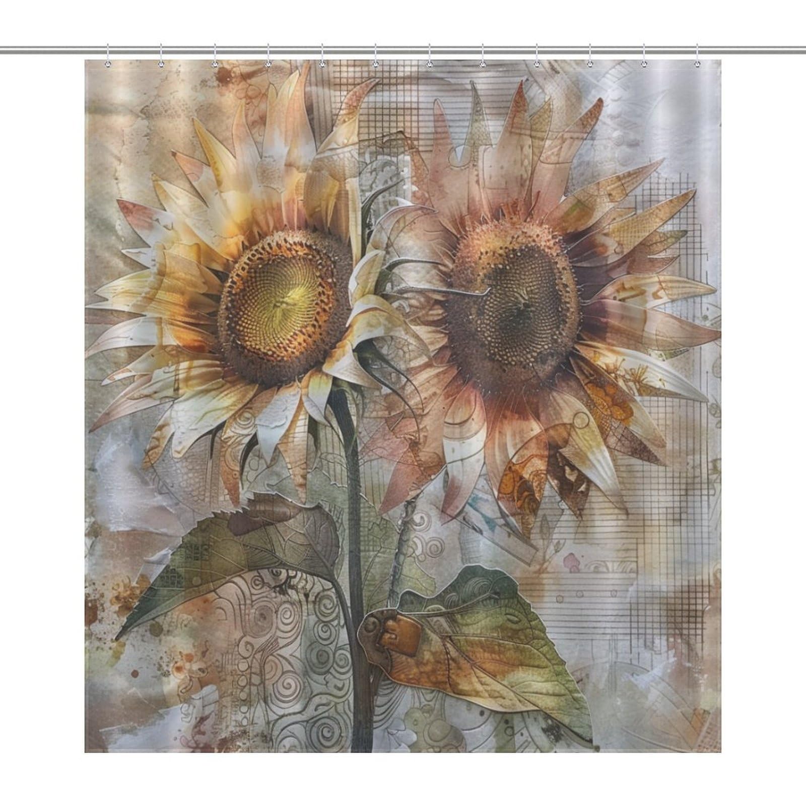 Rideau de douche motif géométrique tournesol style jardin d'été
