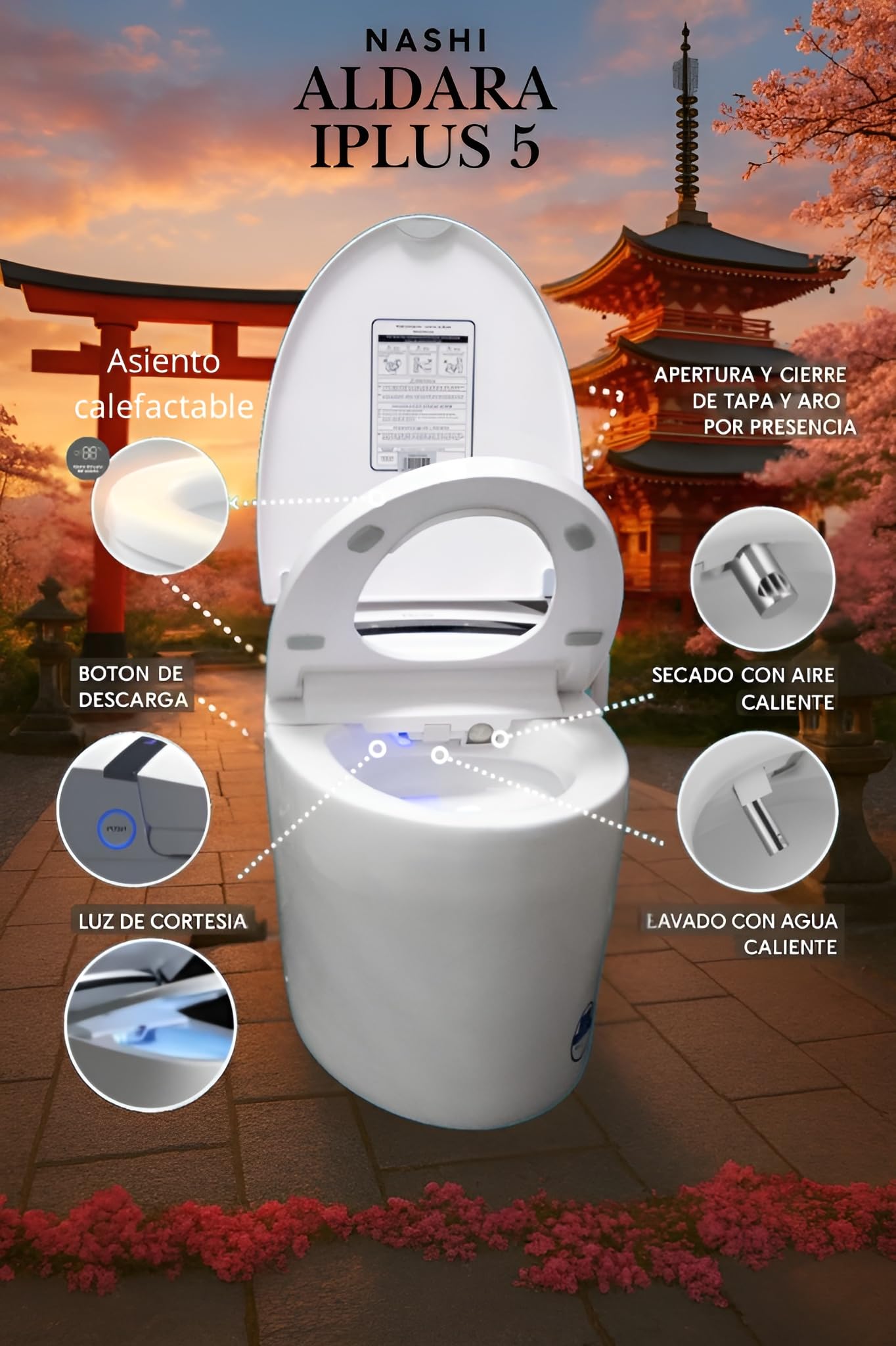 Nashi Aldara iPlus 5 - Inodoro Inteligente estilo japones | wc con App móvil y mando tapa automática, calefactable, chorrito y secado | Salida dual suelo o pared