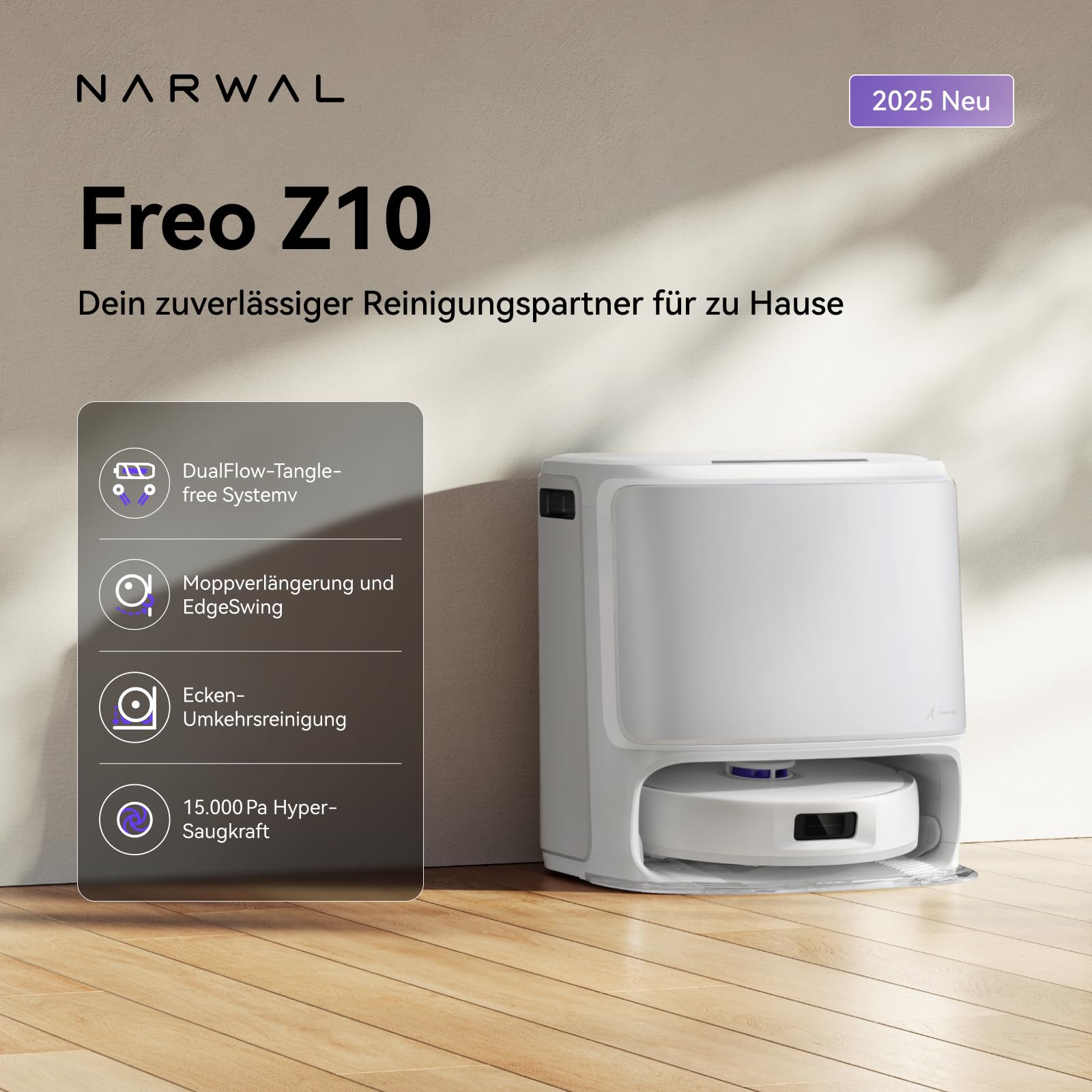 NARWAL Freo Z10 Saugroboter mit Wischfunktion, 15.000 Pa, 75°C heißes Wasser Mop Waschen, Auto-Trocknung Entleerung, Intelligente Hindernisvermeidung, Anti-Tangle-Bürsten Für Tierhaare