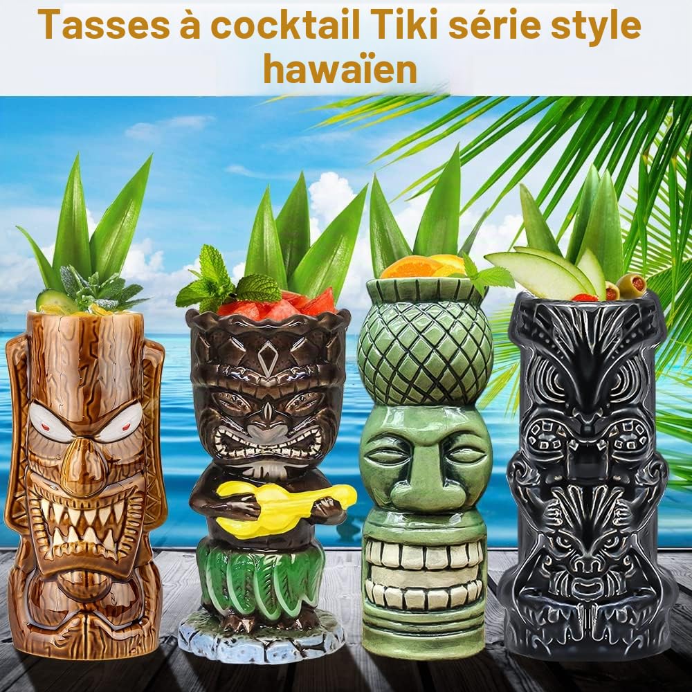 Lot de 4 verres Tiki en céramique pour cocktails créatifs, grands verres exotiques style tropical hawaïen, pour bar, qualité supérieure