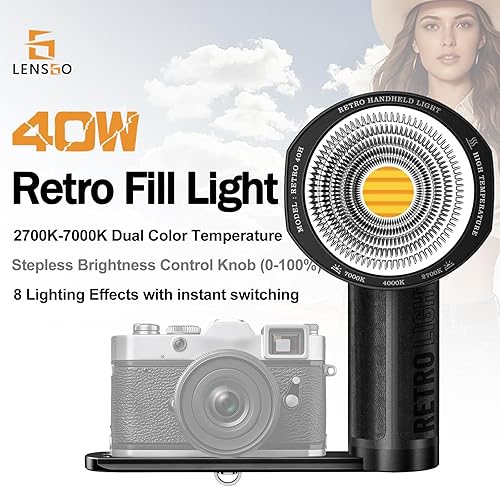 Miniatura 5 de LENSGO Luz de cámara retro 40H, 40 W bicolor 2700K-7000K CRI 96+ luz de video, 2600 mAh, 8 modos de luz, brillo ajustable y temperatura de color