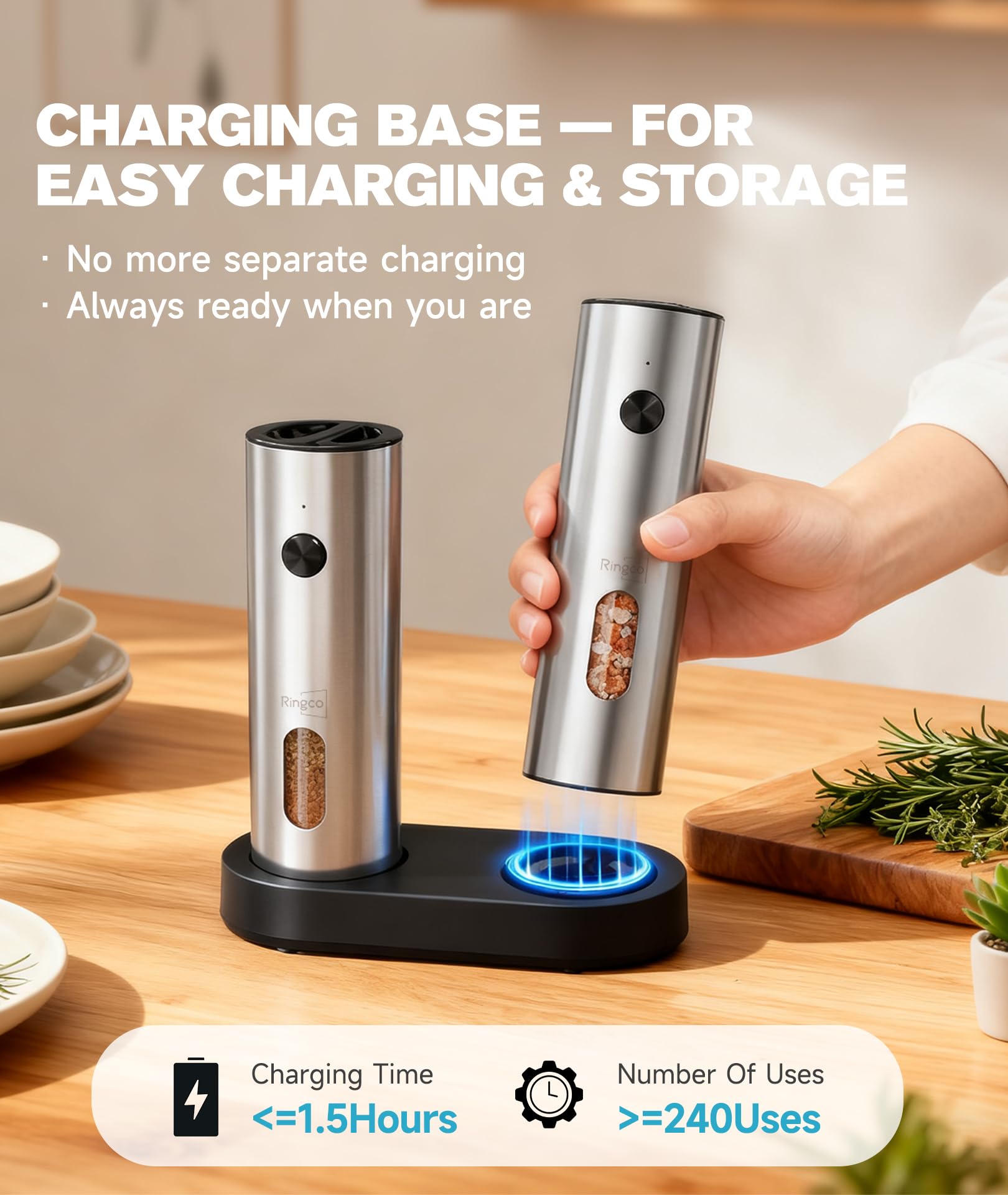 Ringco Elektrische Salz- und Pfeffermühle Set mit Ladebasis, Wiederaufladbare Salz- und Pfeffermühle mit einstellbarer Grobheit, LED-Licht, 110 ml Große Kapazität für Küche, Outdoor