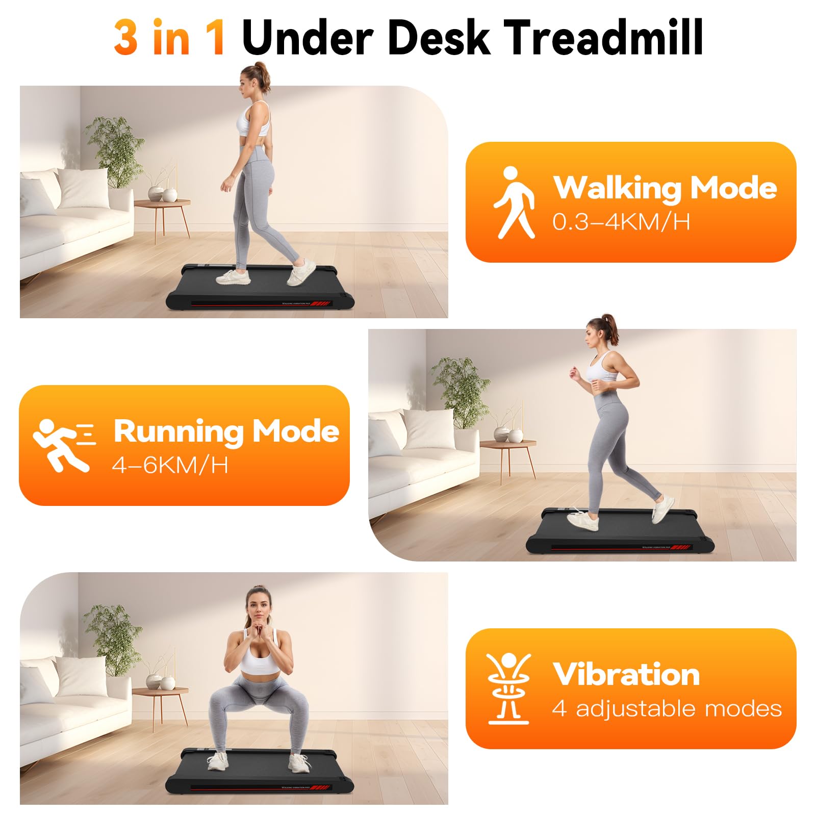 Freepi 3 in 1 Walking Vibration Pad,3.8 MPH Tapis Roulant with Remote Control and APP,2.5 HP Servo Motor Walking Treadmill Pad for Home and Office — view 3