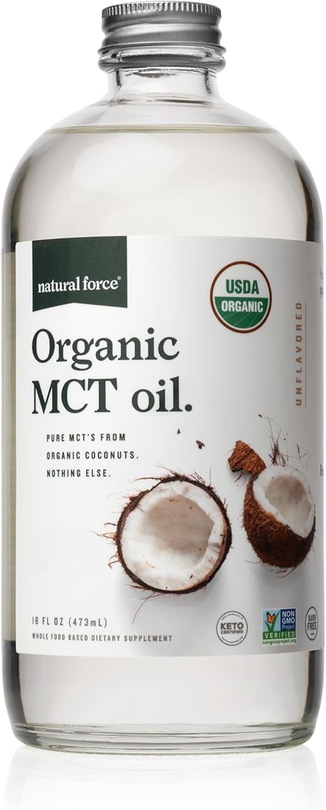 Natural Force Organic MCT Oil – Pure Glass Bottle – Made from 100% Cold Pressed Virgin Coconut Oil + Certified Keto, Paleo, Kosher, Vegan & Non-GMO – Lab Tested for Quality and Purity - 16 Ounce