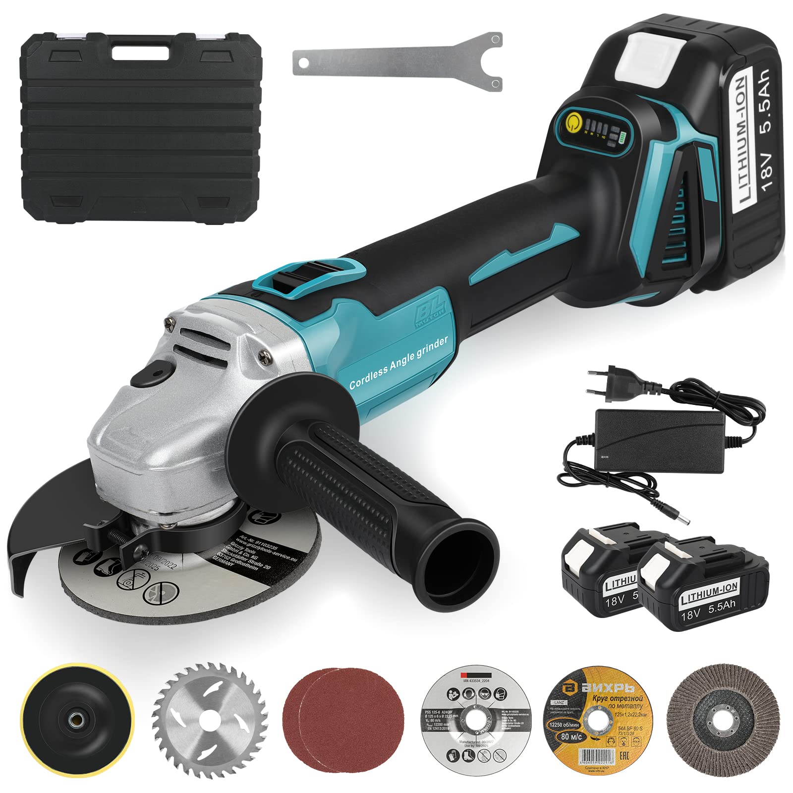 LabTEC Amoladora Angular, 800W, Amoladora Angular con Cable y Cuchillas con 2 Packs 18V 5500mAh Batería y Cargador para Cortar, Esmerilar, Pulir y Afilar