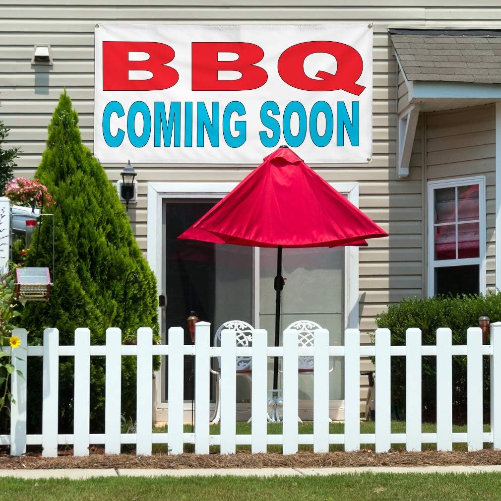Vinyl Banner Multiple Sizes Bbq Coming Soon Red Blue Food Bar Restaurant Truck Business Outdoor Weatherproof Industrial Yard Signs 6 Grommets 36x72Inches