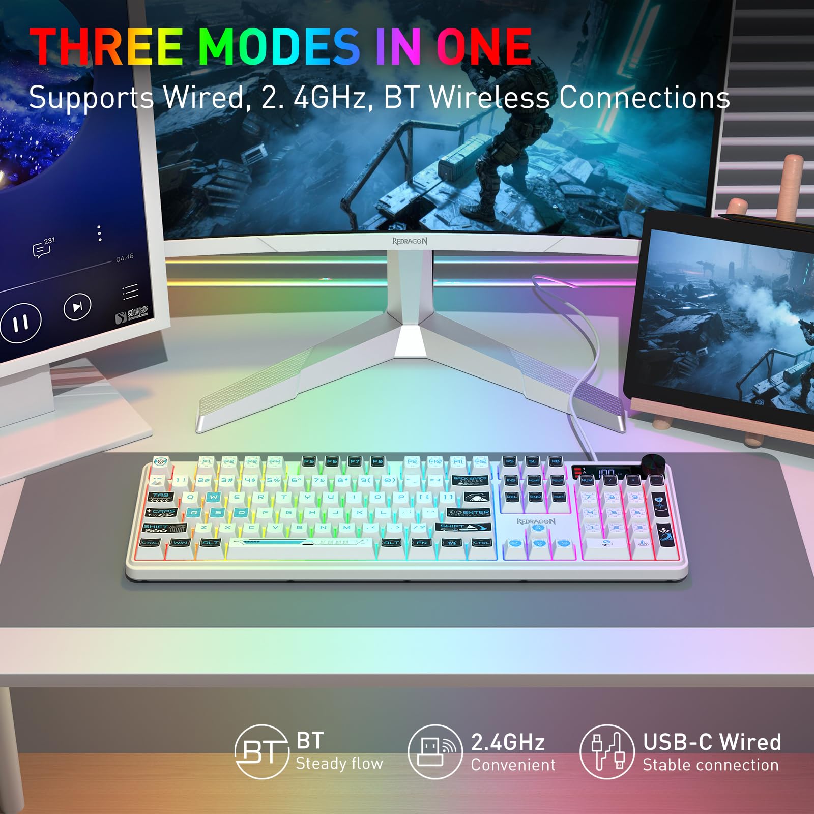 Redragon K526 Pro RGB Teclado Gaming Inalámbrico 104 Teclas Tacto Mecánico | Pantalla Información LED Control Perilla Retroiluminada Interruptor Lineal Suave Amplia Compatibilidad