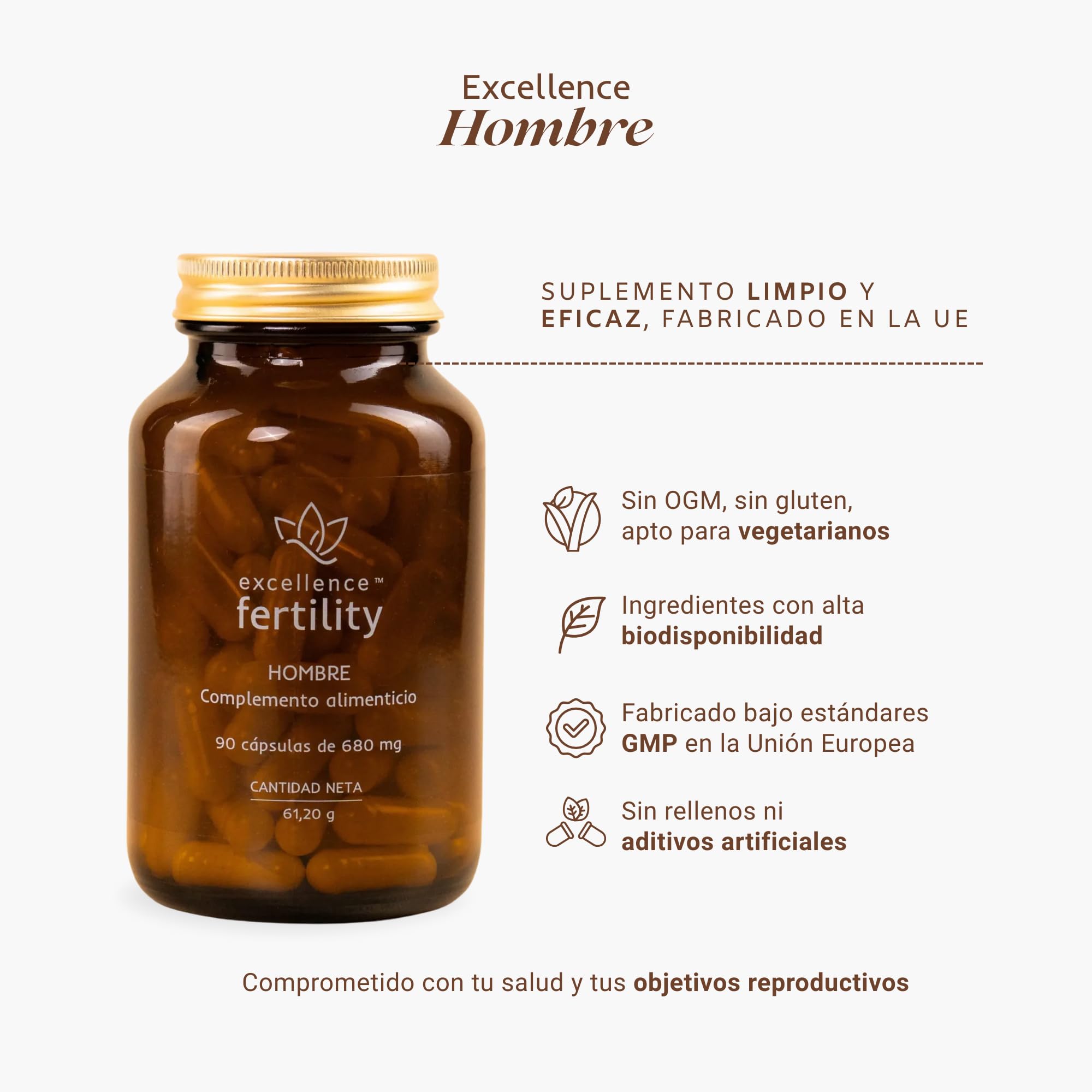 Suplemento Fertilidad Masculina - Excellence Hombre con Maca, Zinc, L-Arginina, Folato, Vitamina D y C – Energía, Vitalidad y Bienestar Masculino – 90 Cápsulas
