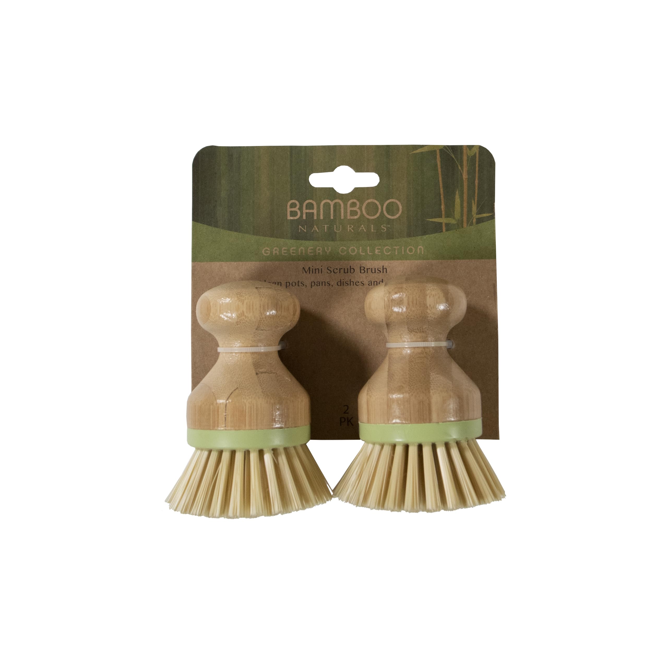 Bamboo Naturals Greenery Mini Scrub Brush, Made of Sustainable Bamboo and Recycled Plastic, Scrub Pots, Pans, Vegetables, and More, Pack of 2