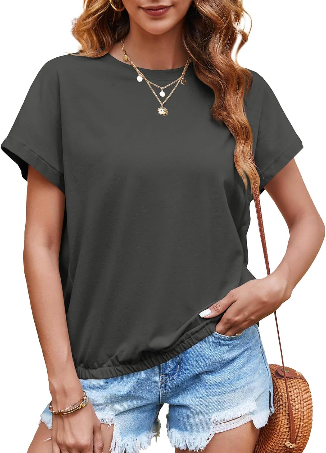 Tankaneo Women Short Cap Sleeve Tops Summer Casual Banded Sweatshirt Crew Neck Loose Fit T-Shirts