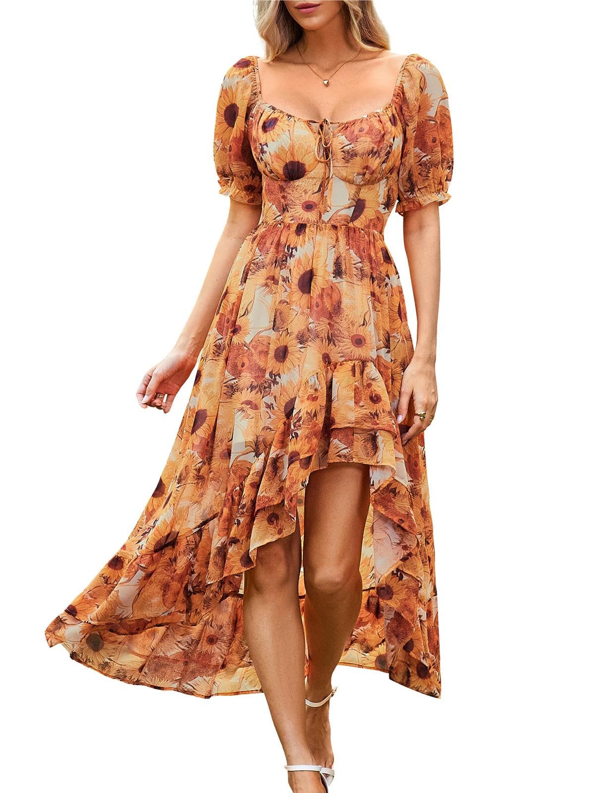 SCARLET DARKNESS Sommerkleid Damen Viktorianisches A-Linie Blumenkleid Puffärmel Kurzarm mit Rüschen Corsagenkleid Gelb und Sonnenblumen XL