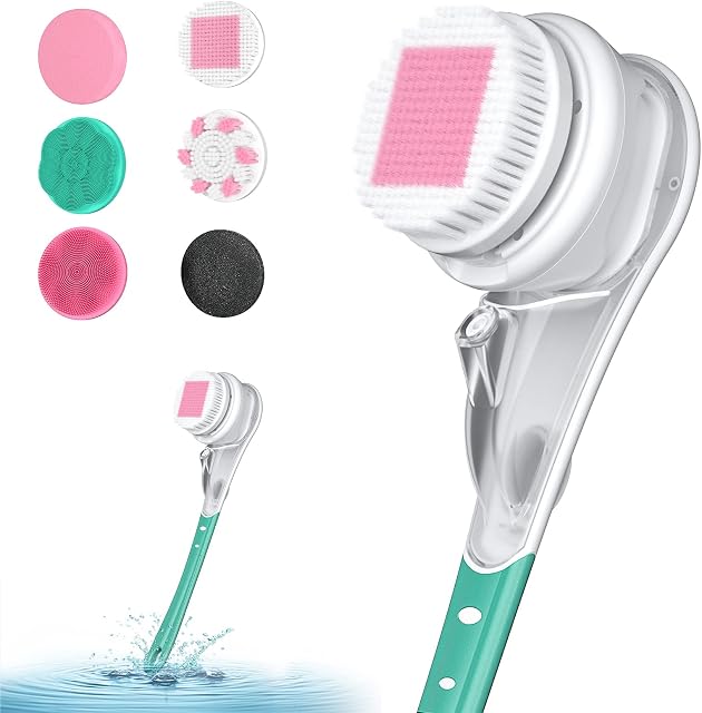 Electric Body Brush, zerotop Body Scrubber with 6 Brush Heads 17" Long Handle Bath Brush Shower Massage Body Brush Kit, IPX7 Waterproof 3 Speed Spin Cleaning Brush Back Brush for Face & Body Men Women