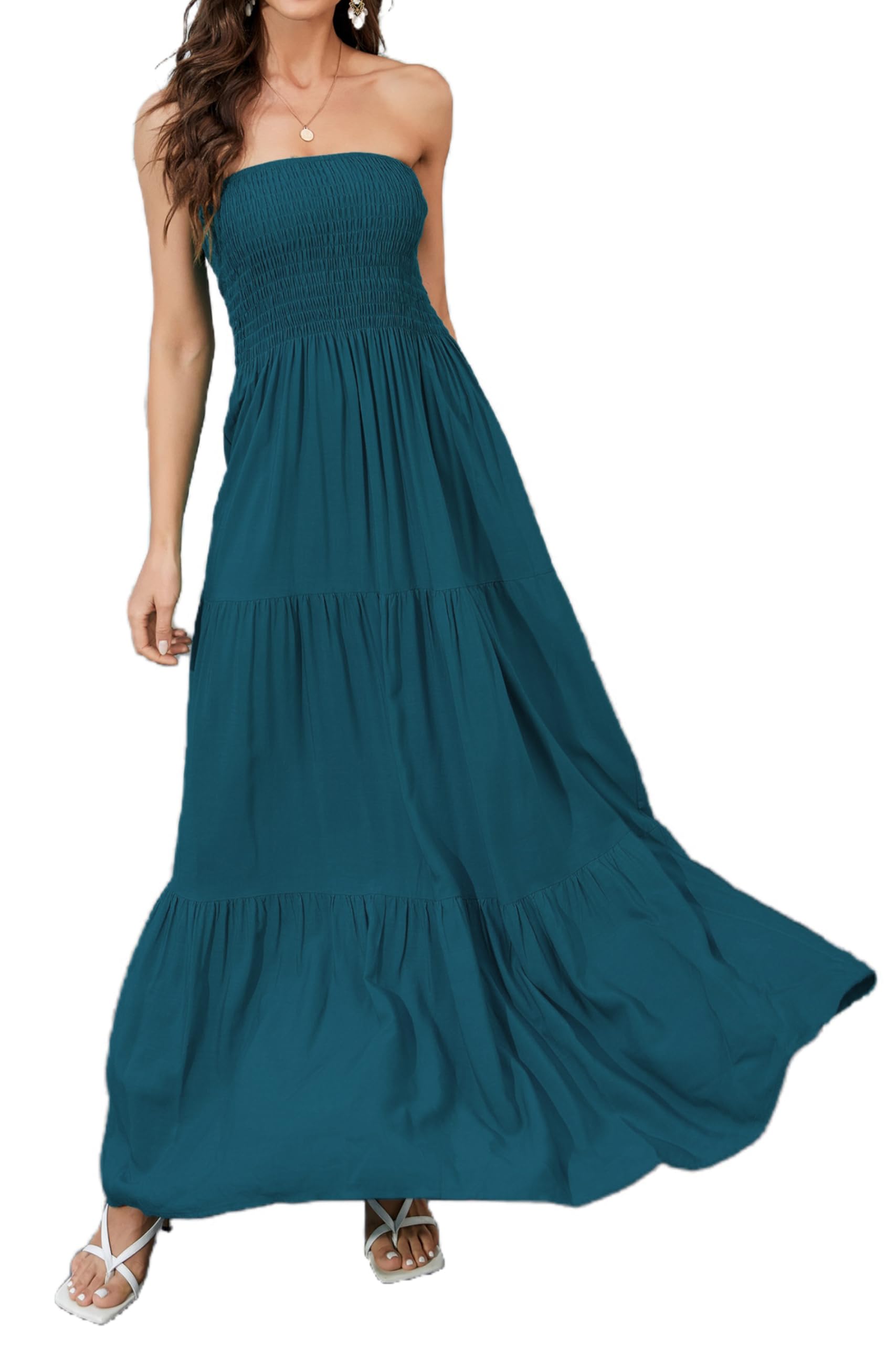 Daenery Women Strapless A Line Maxi Dress Tube Top Backless Casual Summer Dress