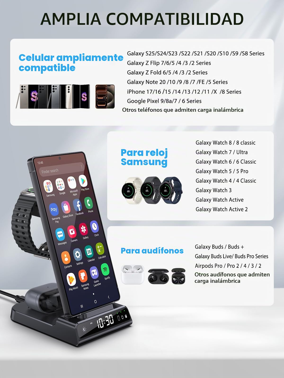 Cargador inalámbrico para Samsung Galaxy S25 Ultra, Wireless Charger con Reloj Digital para Samsung Galaxy Watch 8/7, Base Cargador para Galaxy S24 Ultra, Z Fold 7, Active 2, Buds (Negro)