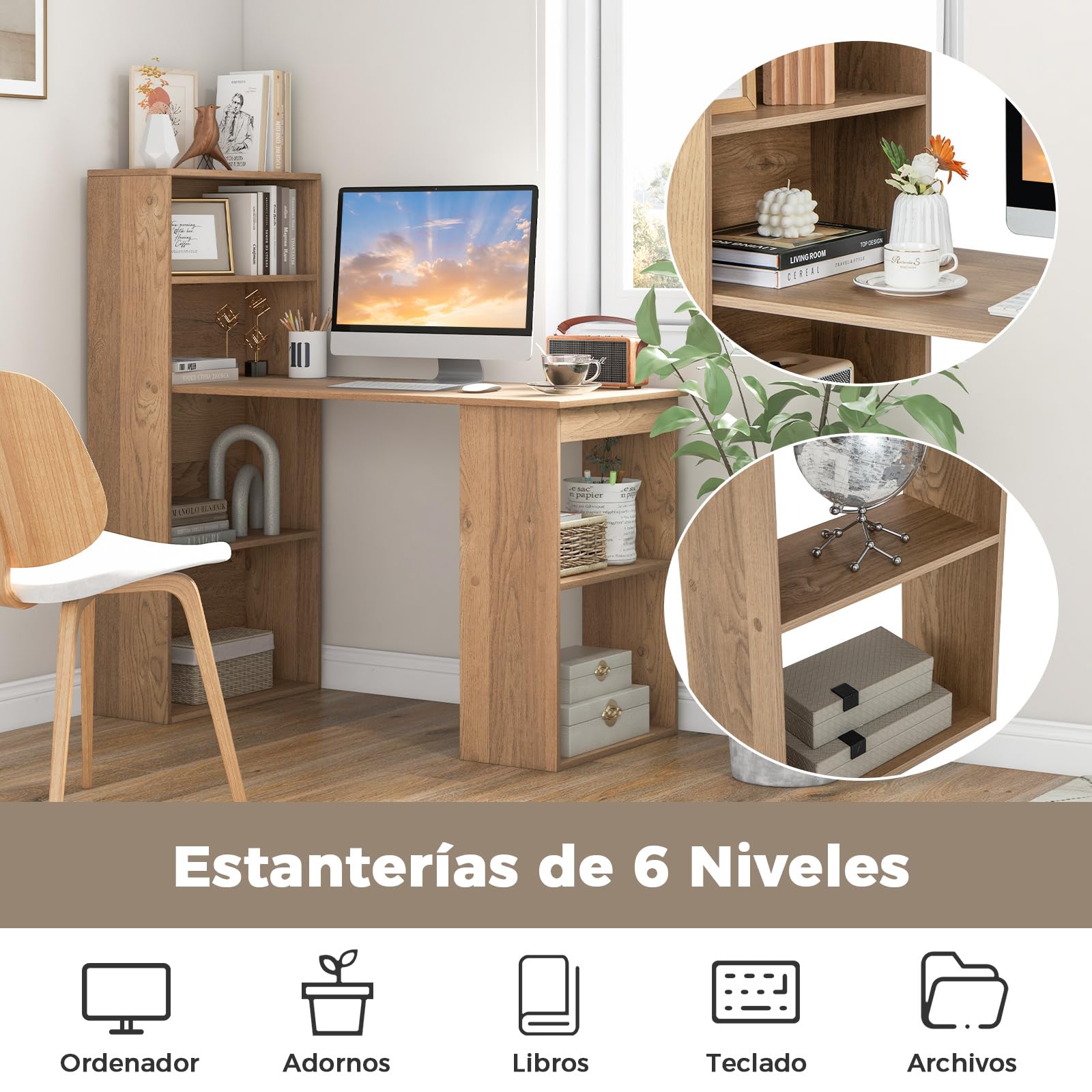 COSTWAY Escritorio con Estanteria, Mesa Escritorio 120 cm, 6 Estantes de Almacenamiento, Mesa Ordenador Reversible Oficina/Dormitorio (Natural)