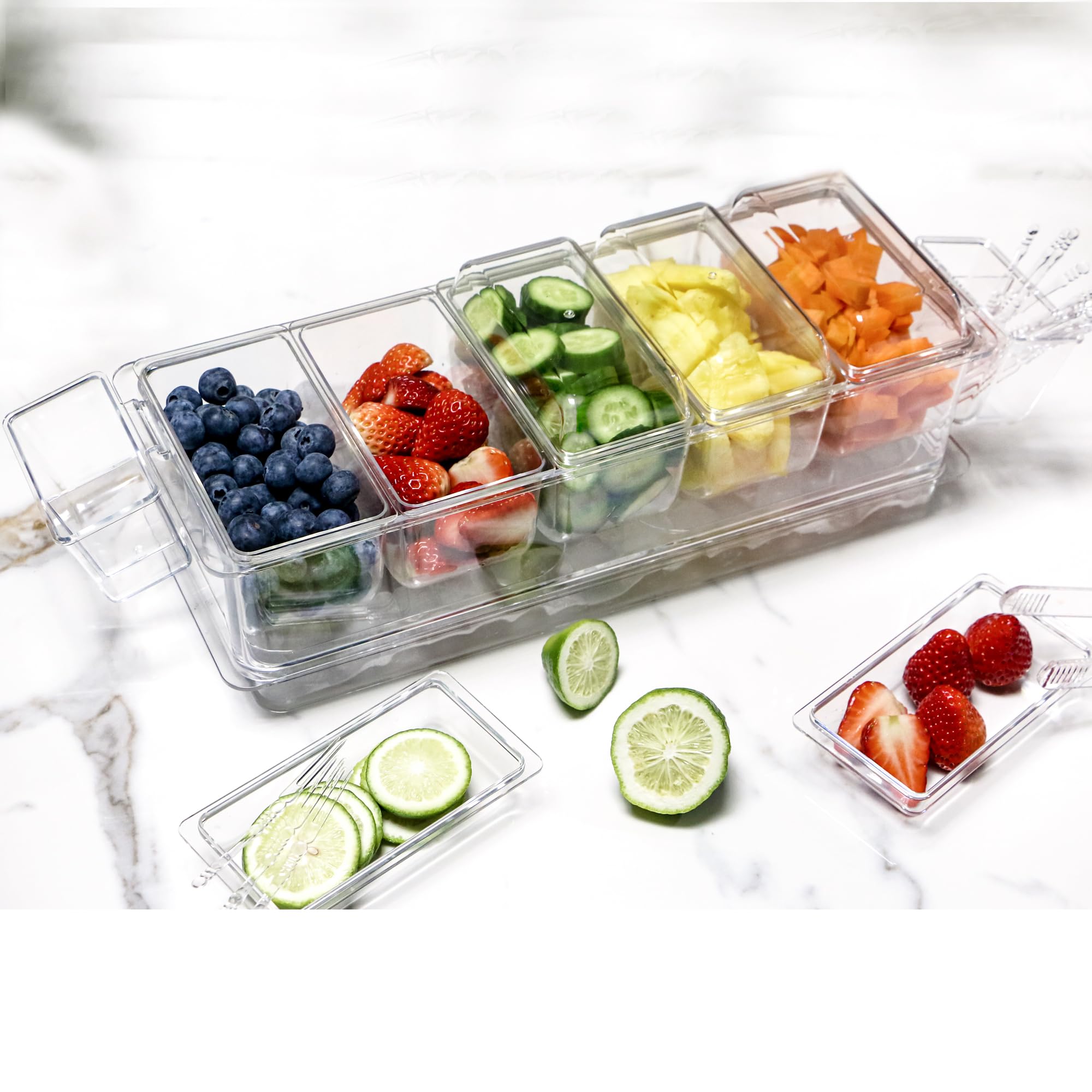IVYHOME Servidor de condimentos refrigerados | Juego de servir barra de tacos para fiestas | Bandeja de condimentos fríos con tapa y 5 compartimentos extraíbles