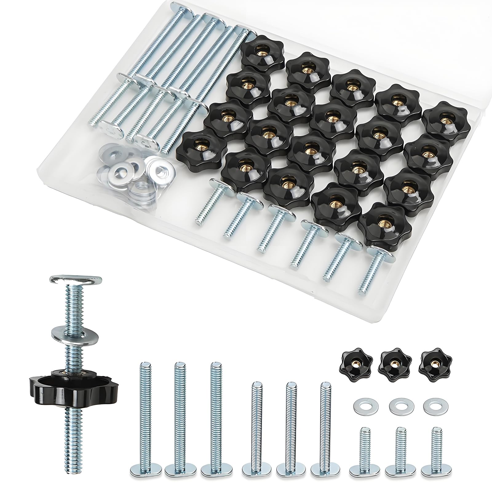 XILIYAI 20 Sets T-Track Knob Kit, with Star Knobs and Washers – T Track Accessories for Woodworking Jigs and Fixtures, T Slot Bolts, T Track Clamp(6pcs*1in, 8pcs*1-1/2in, 6pcs*2-1/2in)