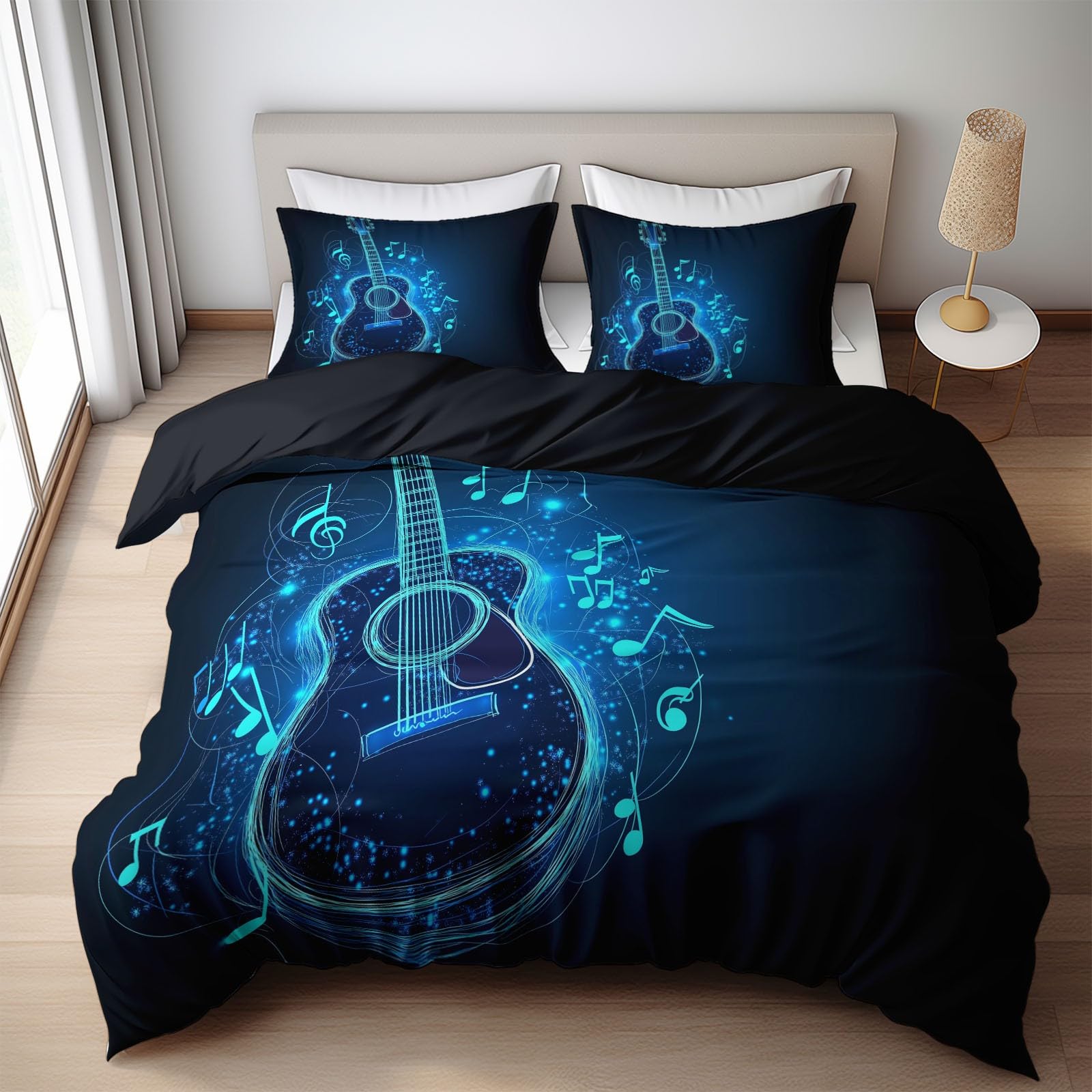Blue California King Duvet Cover Music Theme Guitar Cal King Bedding Set 3 Pieces, Soft and Breathable Microfiber Comforter Cover with 2 Pillow Shams, for All Season