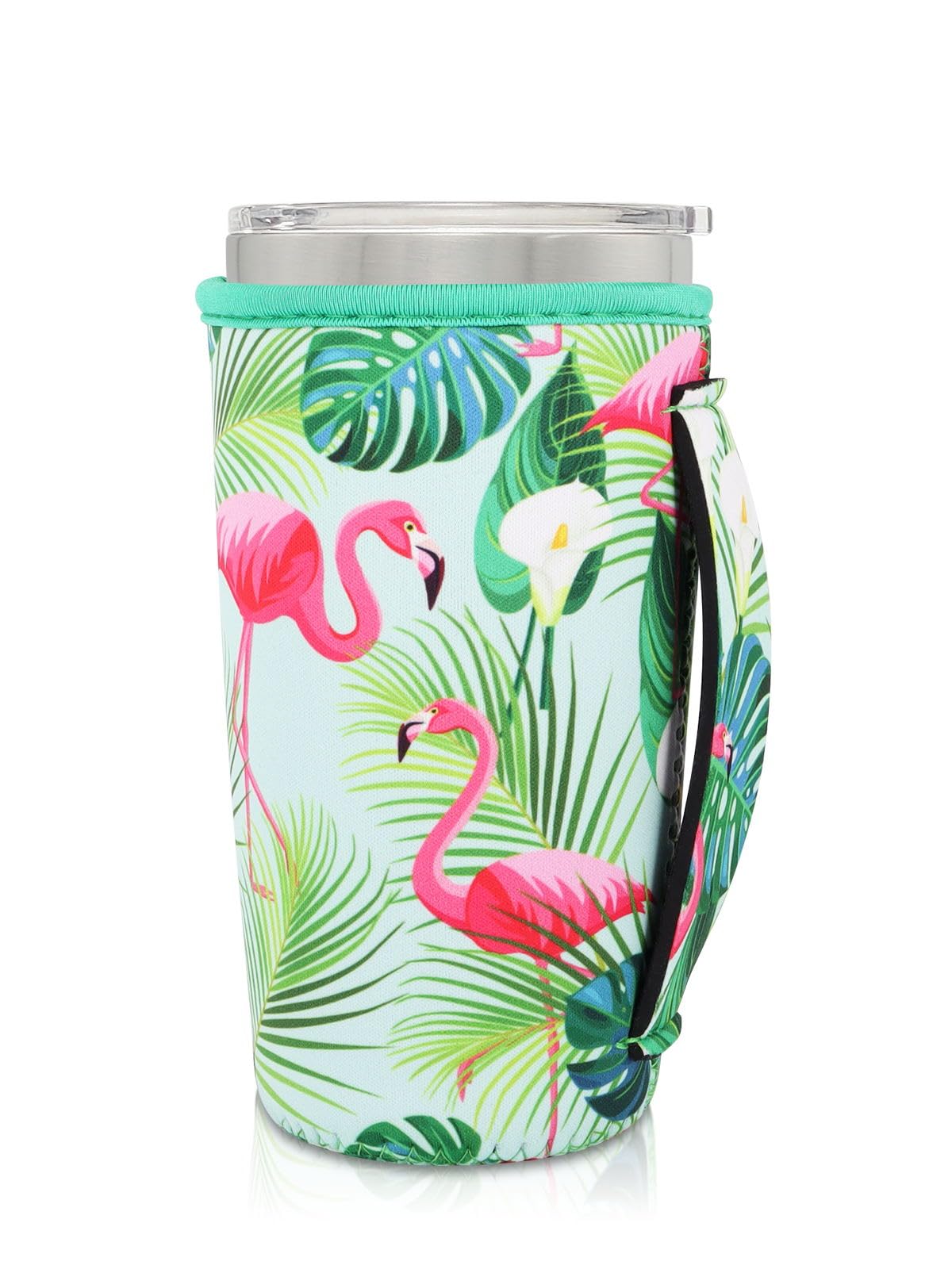 Neoprene Insulated Sleeves Cup Holder with Handle for 20oz Tumbler Cups, Reusable Iced Coffee Sleeve For 30oz - 32oz coffee cups(Tropical Flamingo)