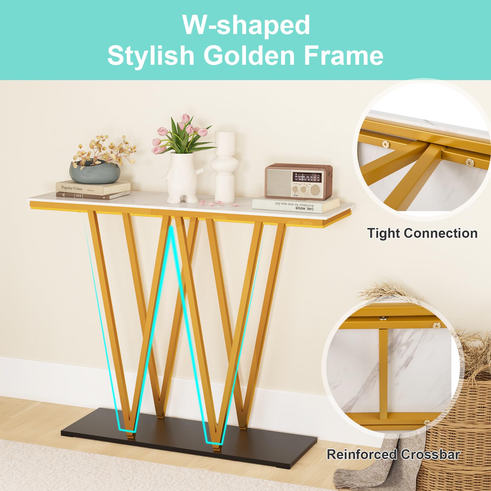 LIFEZEAL Table Console avec Plateau en Marbre Imité, Table d'Entrée Cadre en Métal, Meuble Console Moderne pour Salon, Entrée, Couloir, 100 x 30 x 79 cm (Style 3, Blanc)