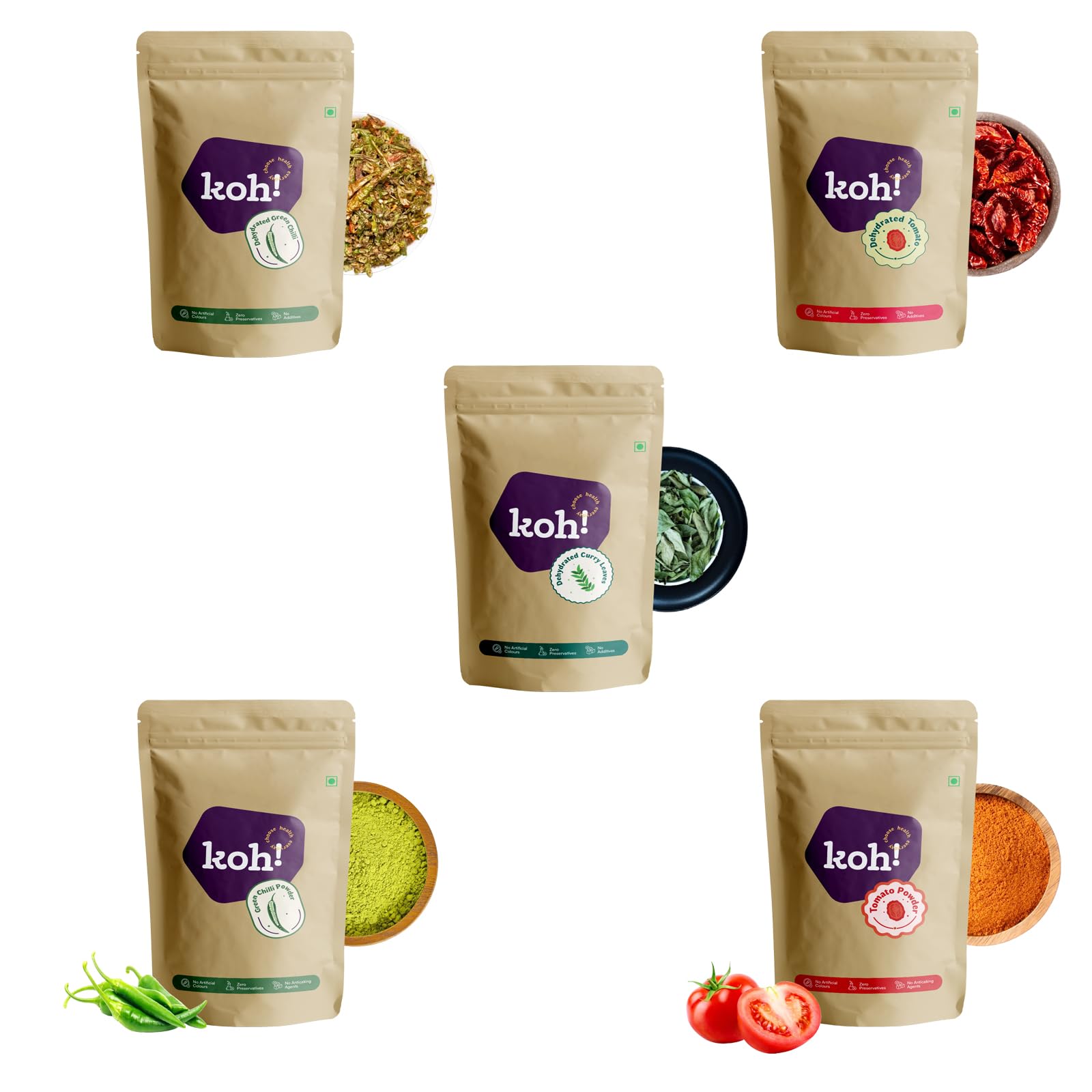 KOH Dehydrated Green Chilli, Dehydrated Tomato, Dehydrated Curry Leaves, Green Chilli Powder &amp; Tomato Powder | Pure &amp; Natural | Premium Dried Ingredients for Cooking, Seasoning, Curries, Sauces