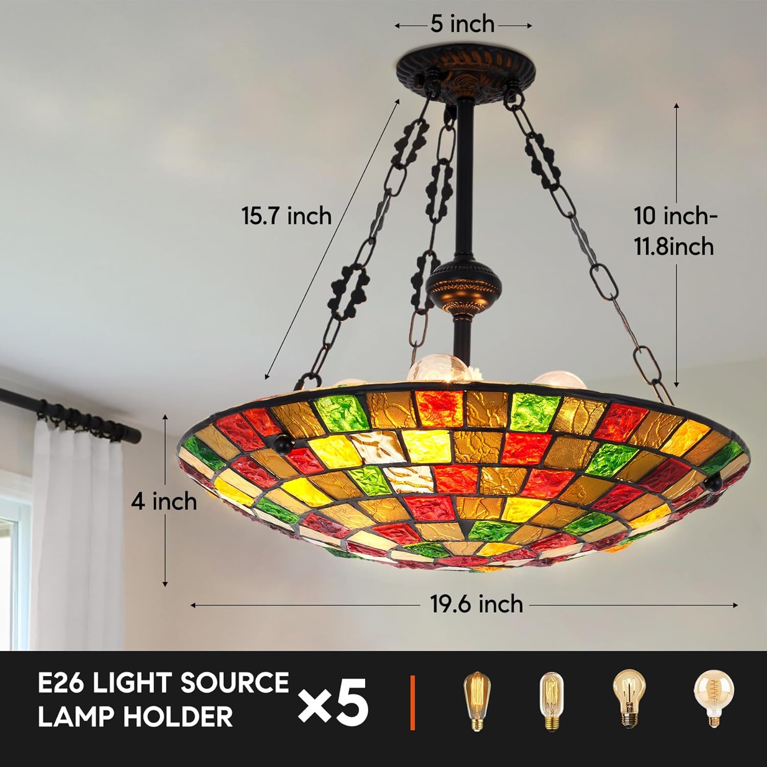 20'' Vintage Pendant Lighting Fixture Stained Glass Chandeliers 5 Lights Inverted Flush Mount Ceiling Light Fixtures Lamp for Kitchen Island Dining Room Bedroom Foyer Entryway