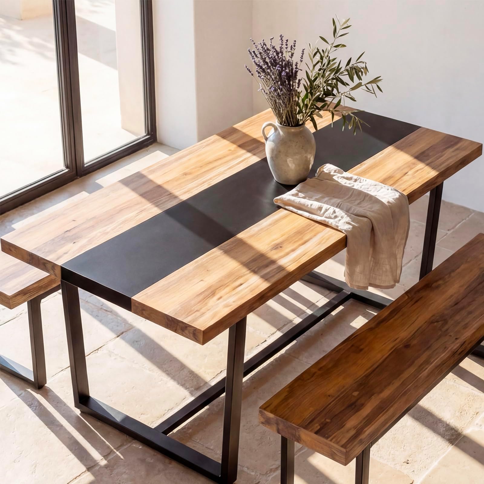 STHOUYN 71" 6ft Large Dinner Table for 6 8 Seat Dining Room Table, Rectangular Farmhouse Modern Kitchen Long Table, Black & Brown Industrial Dining Conference Table (71" Dining Table)