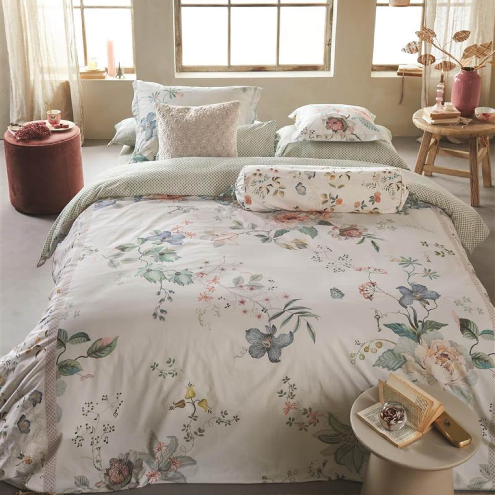 Pip Studio Bettwäsche Tokyo Bouquet White Weiß Blumen Blüten Zweige Motive Gepunktet Perkal Wendeoptik, Größe:155 cm x 220 cm