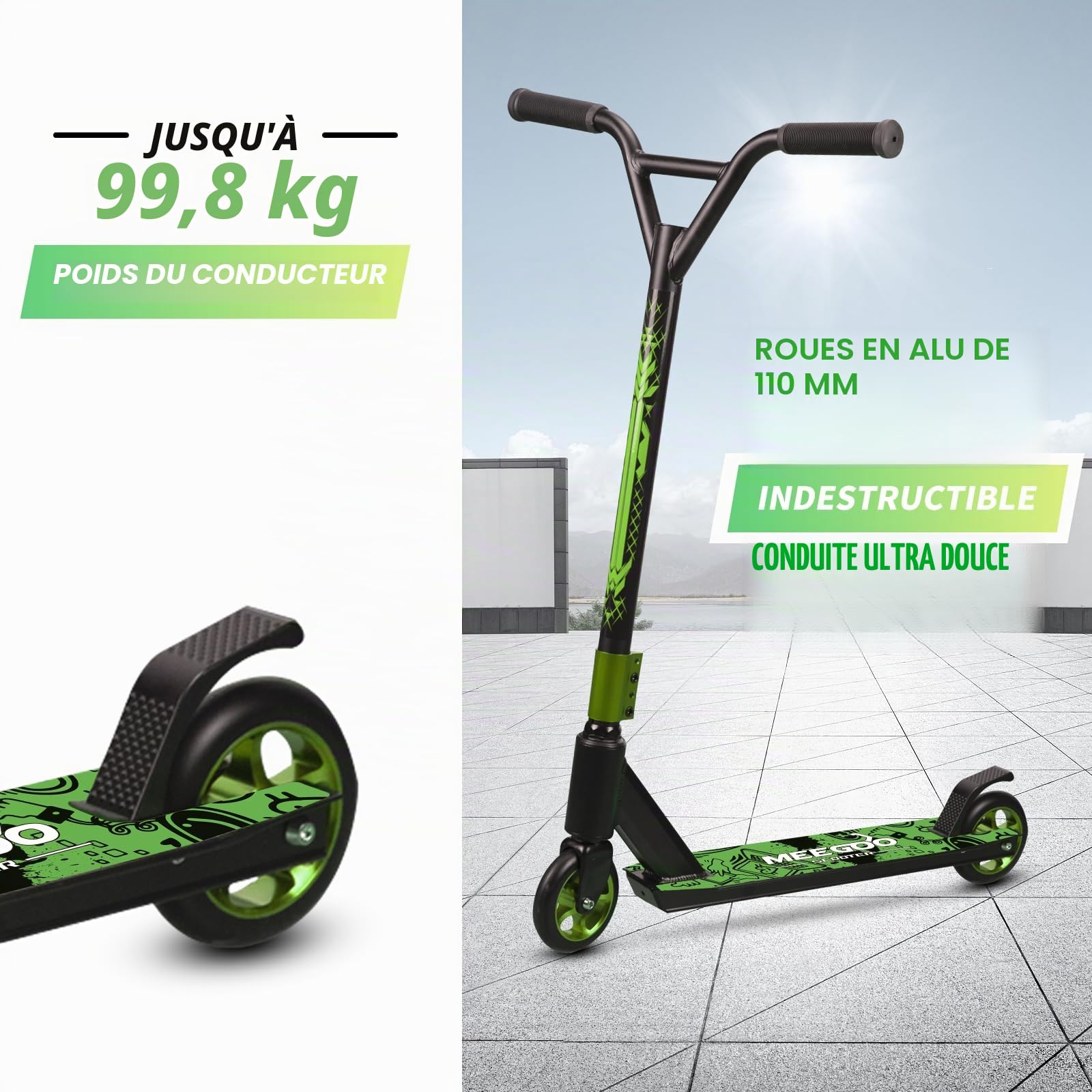 MEE GOO Pro Freestyle Trottinette freestyle avec roulement à billes ABEC-10 en alliage léger avec roue en alliage d'aluminium, cadre jusqu'à 100 kg pour avancés et débutants, skatepark