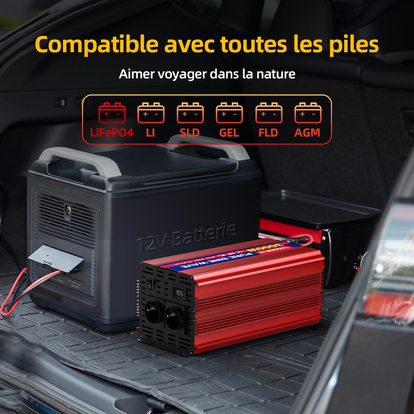 3000W convertisseur 12v 220v Pur Sinus, transformateur 12v 220v avec écran LCD, 2 Prises UE