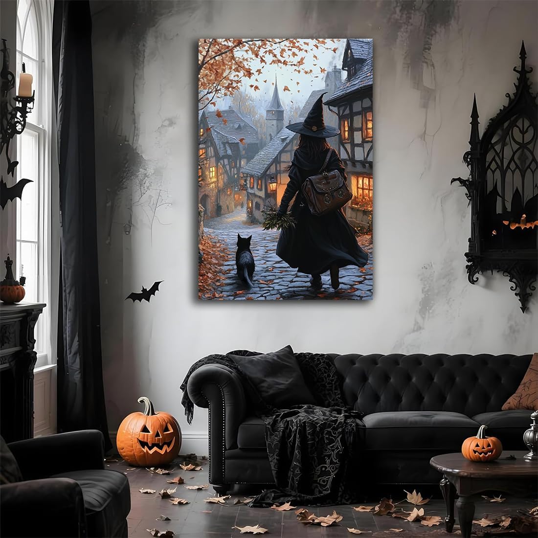 Autumn Witch And Black Cat Picture Wall Decor,Halloween Canvas Vintage Rustic Wall Art,Preppy Bedroom Living Room Bathroom Poster Print,20"x30" Framed