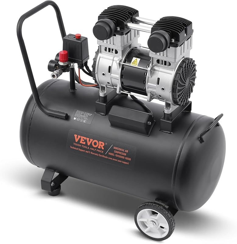 Compresor de aire VEVOR, tanque de acero de 15 galones, compresor de aire sin aceite de 2HP 5.3 CFM@90 PSI y máx. Presión de 125 PSI, compresor portátil ultra silencioso de 78 dB, para reparación de automóviles, inflado de neumáticos, pintura en aerosol