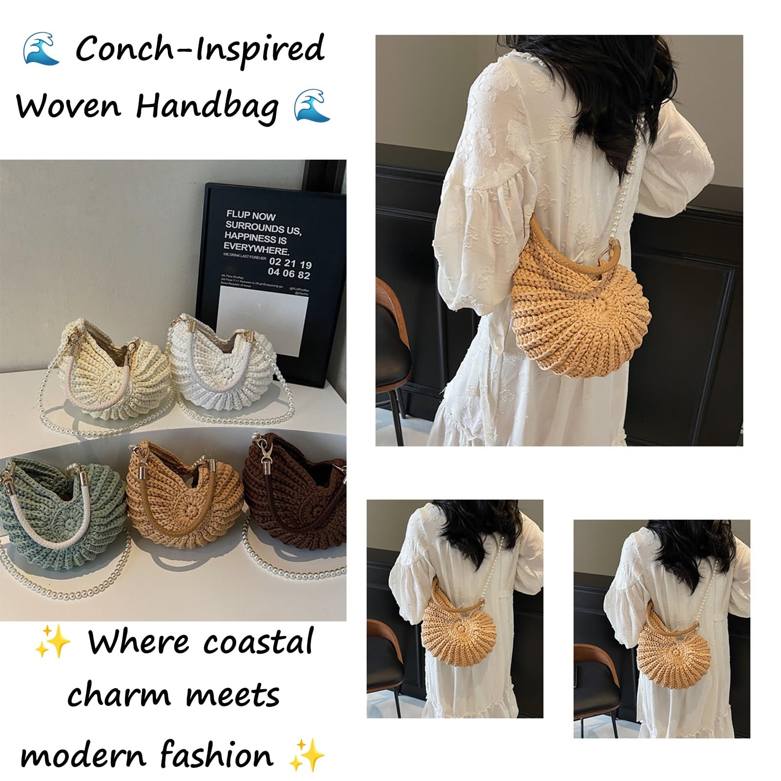 Bolso Bandolera de Crochet Artesanal en Forma de Concha con Correa de Perlas, Asa de Cuero y Herrajes Dorados, Clutch Boho Diseño Concha, Tote de Playa para Vacaciones de Verano