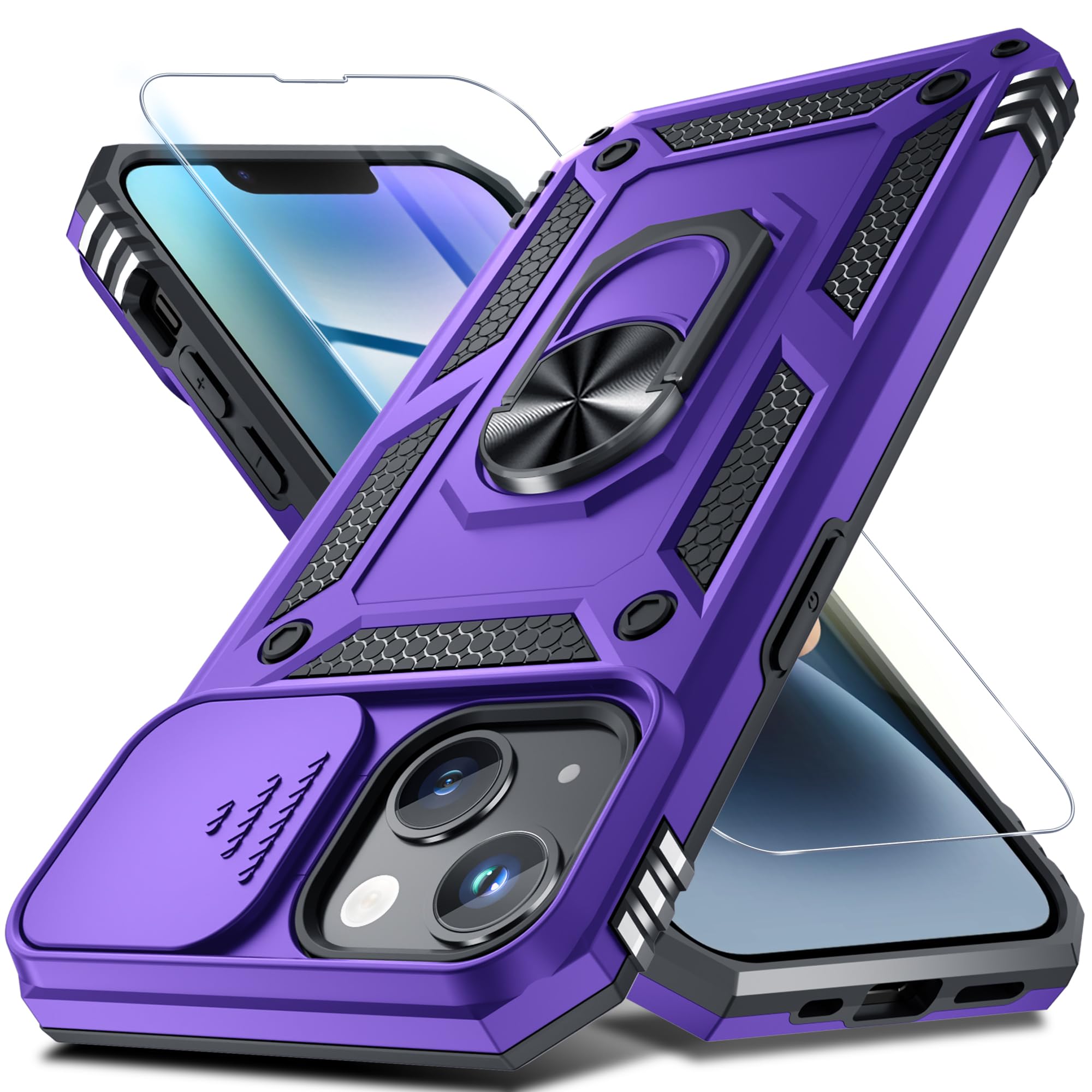 for iPhone 14/iPhone 13 Phone Case Built in Slide Camera Lens Cover | with Tempered Glass Screen Protector+Finger Ring Holder Kickstand,Heavy Duty Shockproof Full Body Phone Cover,Purple